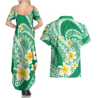 Plumeria Polynesian Green Glitter Pattern Couples Matching Summer Maxi Dress and Hawaiian Shirt