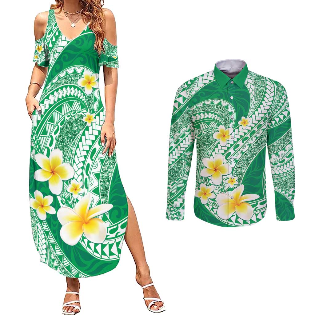 Plumeria Polynesian Green Glitter Pattern Couples Matching Summer Maxi Dress and Long Sleeve Button Shirt
