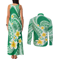 Plumeria Polynesian Green Glitter Pattern Couples Matching Tank Maxi Dress and Long Sleeve Button Shirt