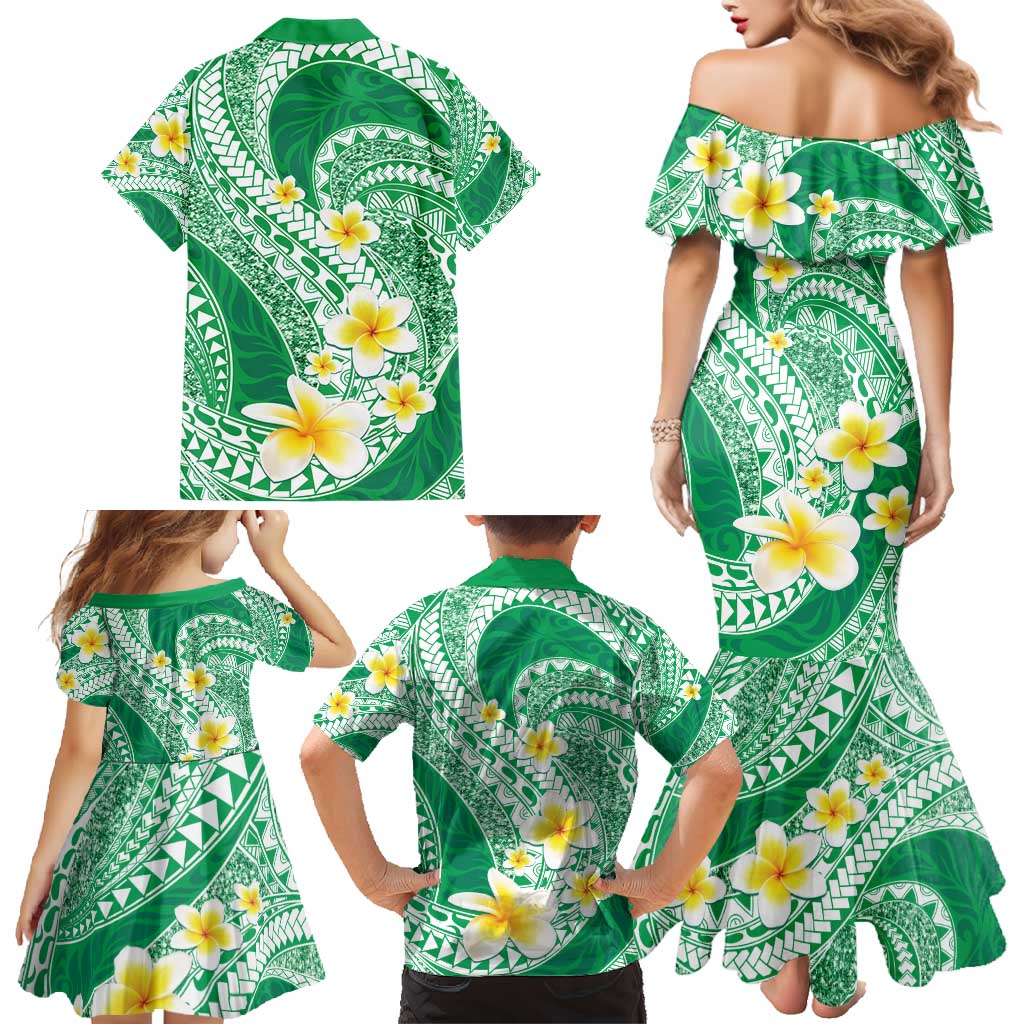 Plumeria Polynesian Green Glitter Pattern Family Matching Mermaid Dress and Hawaiian Shirt