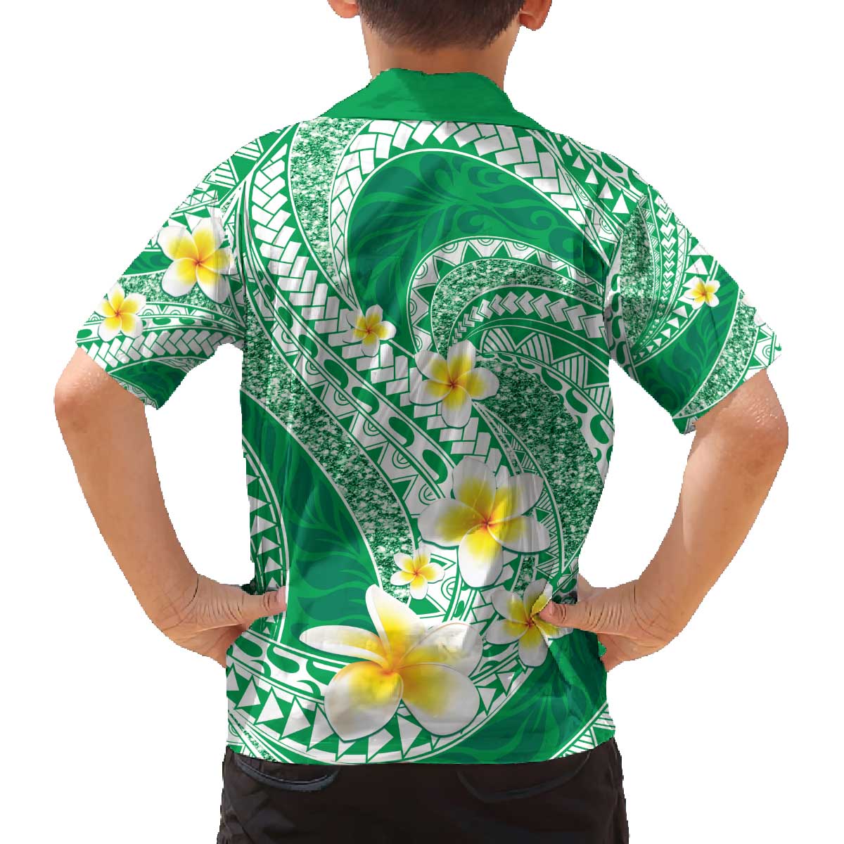 Plumeria Polynesian Green Glitter Pattern Family Matching Off The Shoulder Long Sleeve Dress and Hawaiian Shirt