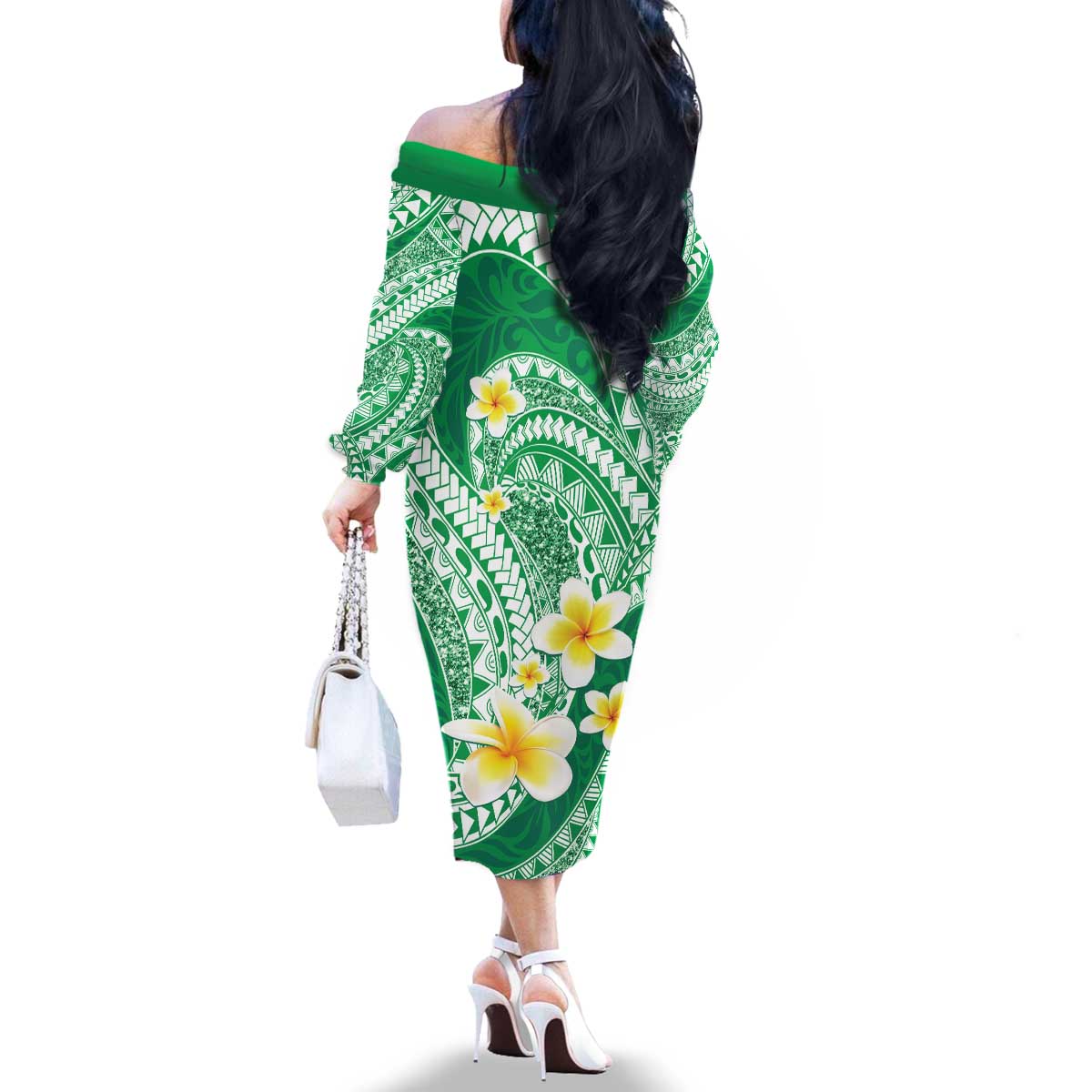 Plumeria Polynesian Green Glitter Pattern Family Matching Off The Shoulder Long Sleeve Dress and Hawaiian Shirt