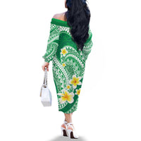 Plumeria Polynesian Green Glitter Pattern Family Matching Off The Shoulder Long Sleeve Dress and Hawaiian Shirt