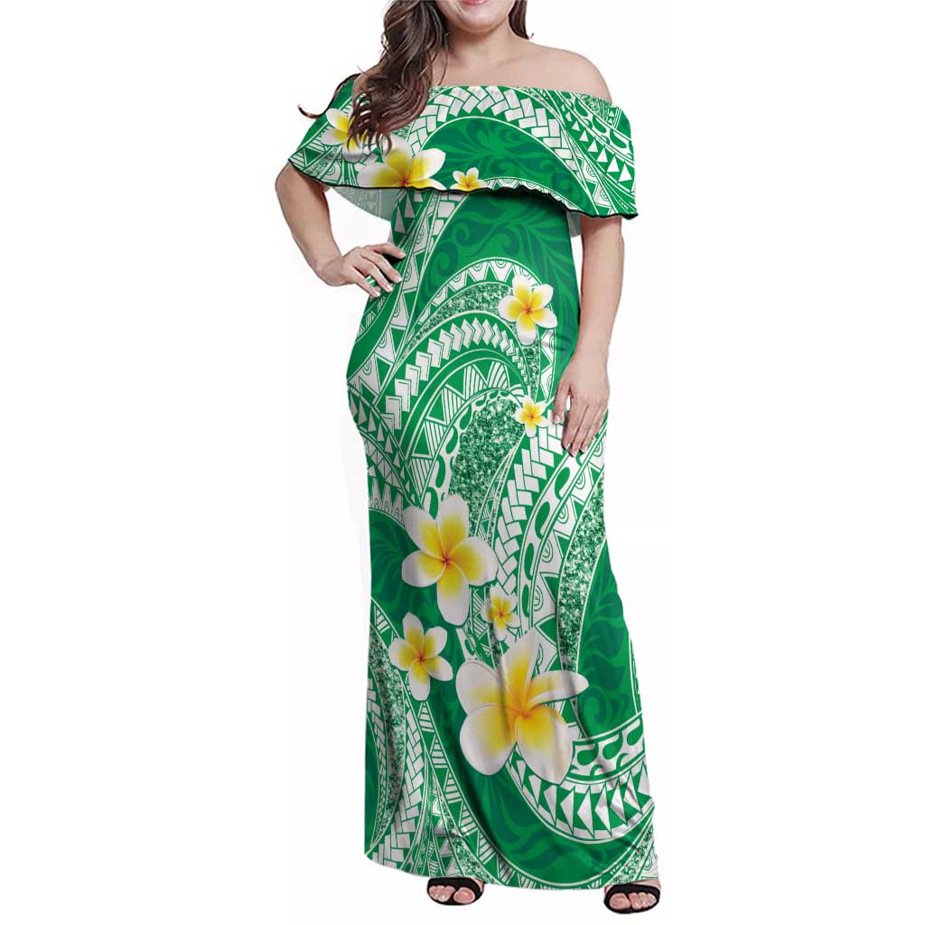 Plumeria Polynesian Green Glitter Pattern Family Matching Off Shoulder Maxi Dress and Hawaiian Shirt