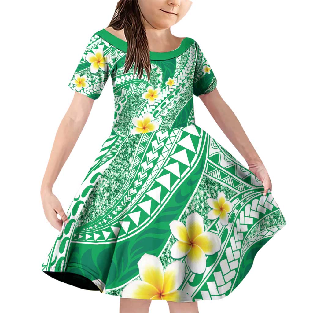 Plumeria Polynesian Green Glitter Pattern Family Matching Off Shoulder Short Dress and Hawaiian Shirt