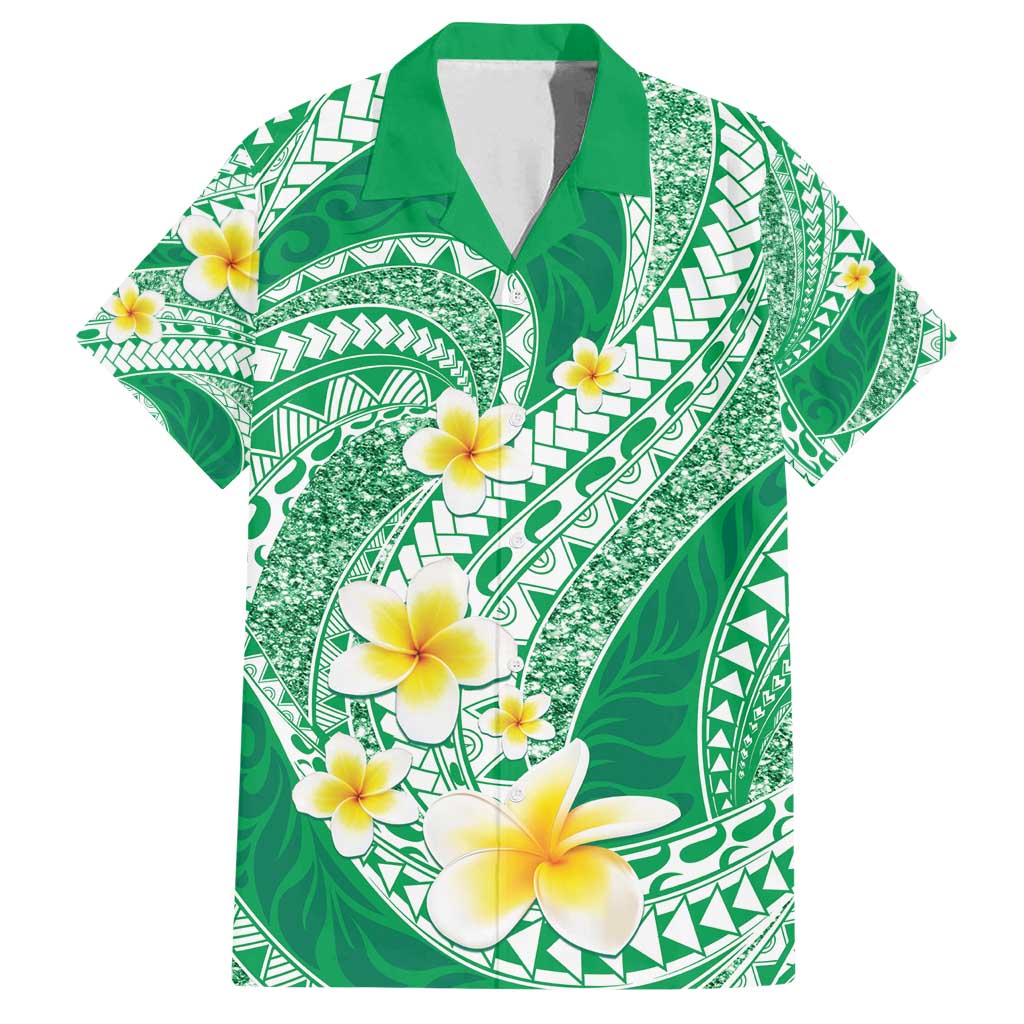 Plumeria Polynesian Green Glitter Pattern Family Matching Puletasi and Hawaiian Shirt