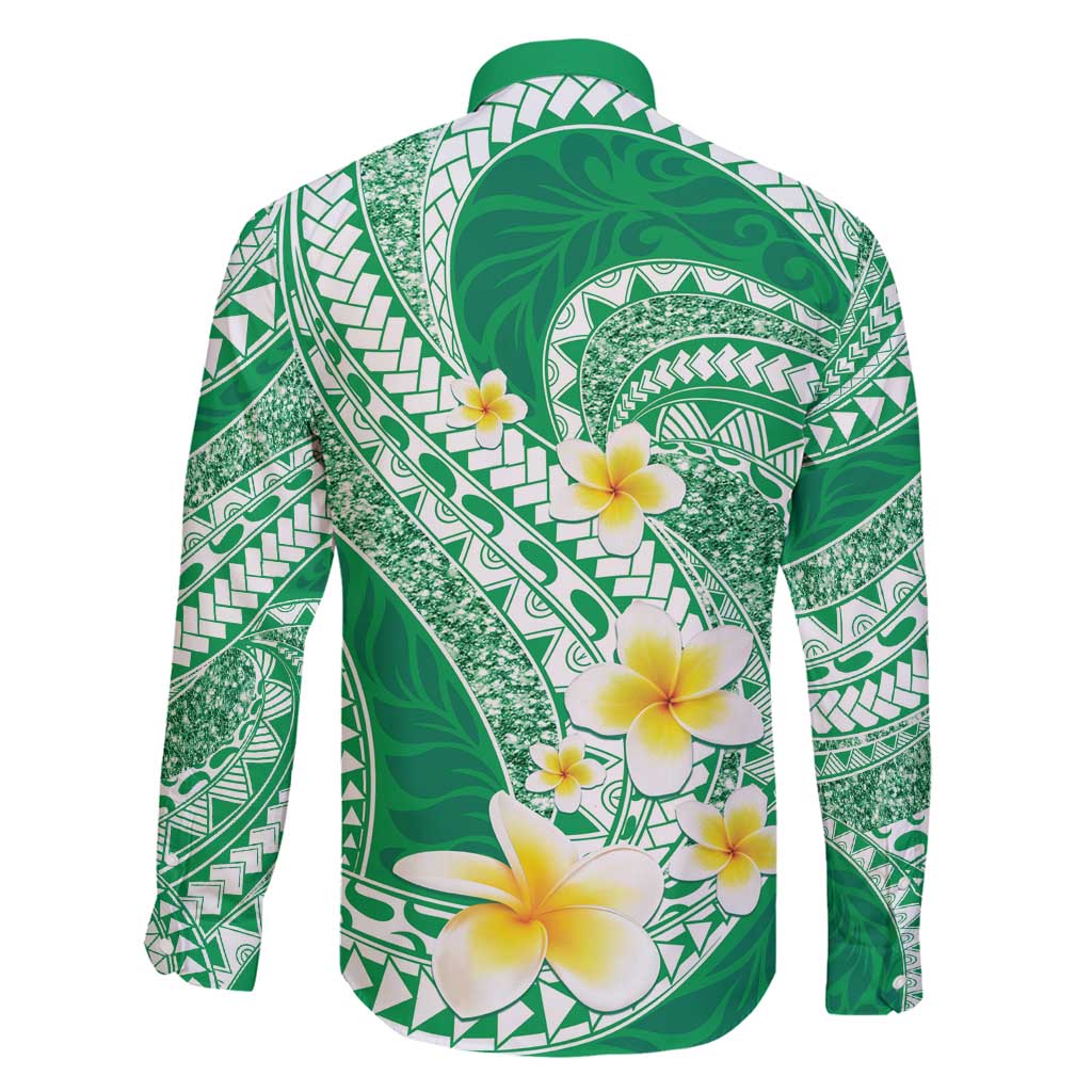 Plumeria Polynesian Green Glitter Pattern Family Matching Puletasi and Hawaiian Shirt