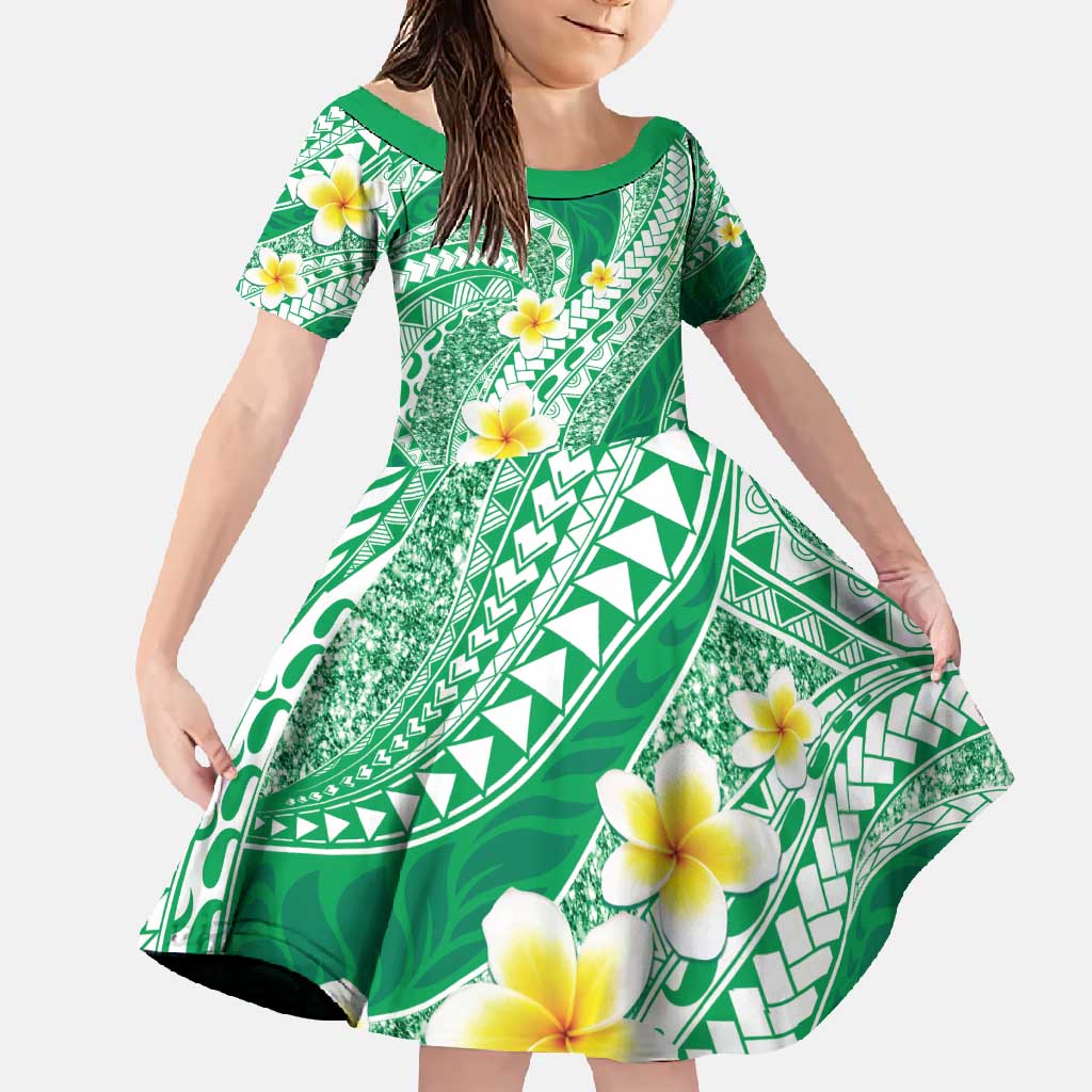 Plumeria Polynesian Green Glitter Pattern Family Matching Short Sleeve Bodycon Dress and Hawaiian Shirt