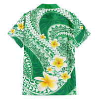 Plumeria Polynesian Green Glitter Pattern Family Matching Short Sleeve Bodycon Dress and Hawaiian Shirt