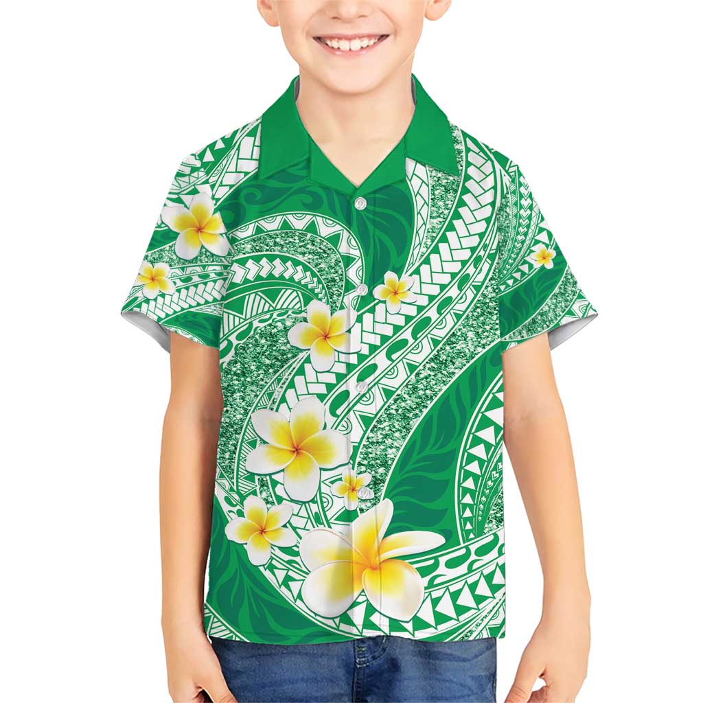 Plumeria Polynesian Green Glitter Pattern Family Matching Short Sleeve Bodycon Dress and Hawaiian Shirt