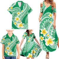 Plumeria Polynesian Green Glitter Pattern Family Matching Summer Maxi Dress and Hawaiian Shirt