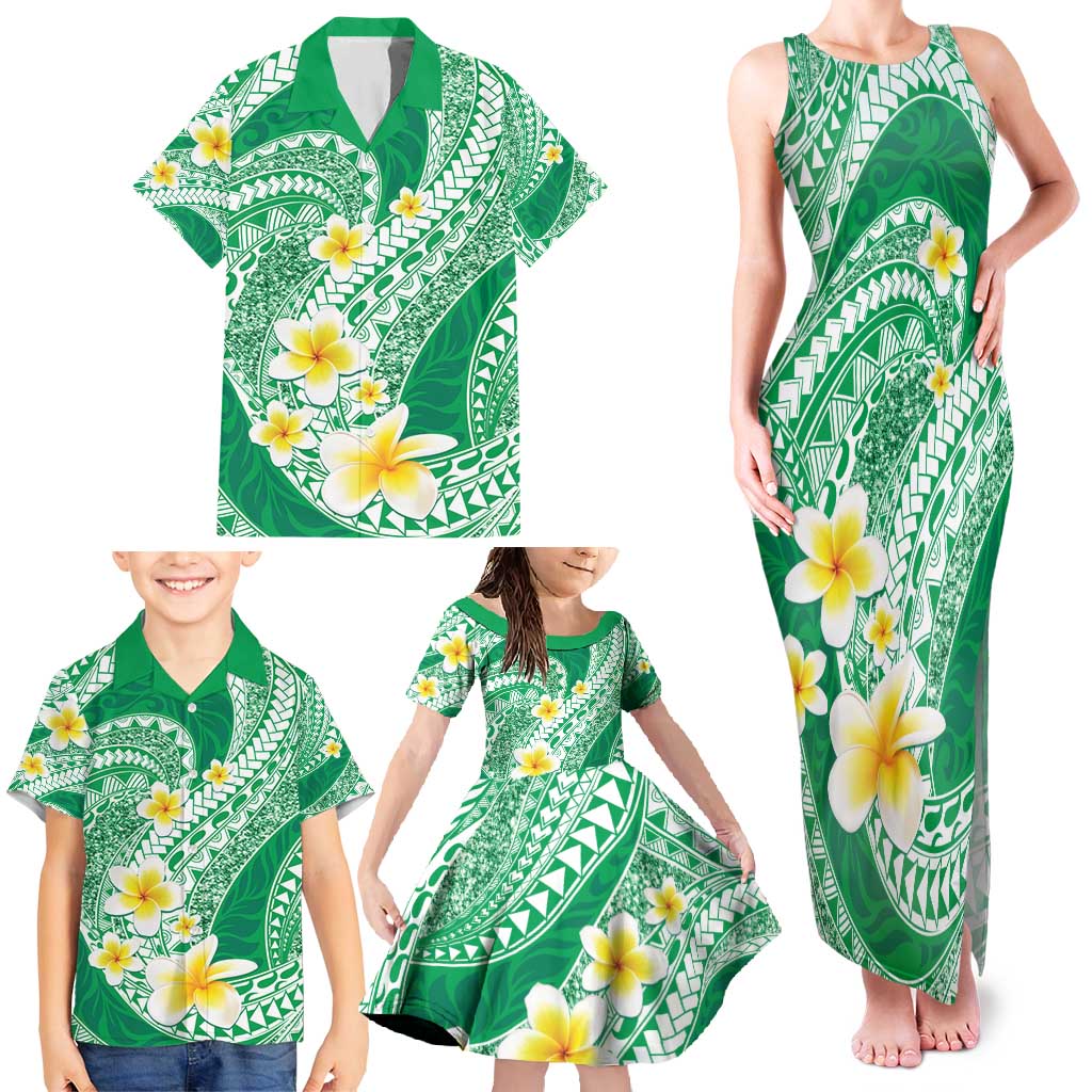 Plumeria Polynesian Green Glitter Pattern Family Matching Tank Maxi Dress and Hawaiian Shirt