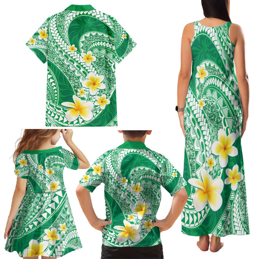 Plumeria Polynesian Green Glitter Pattern Family Matching Tank Maxi Dress and Hawaiian Shirt