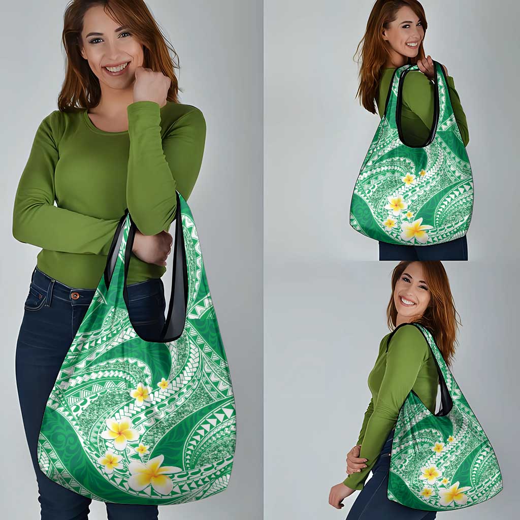 Plumeria Polynesian Green Glitter Pattern Grocery Bag