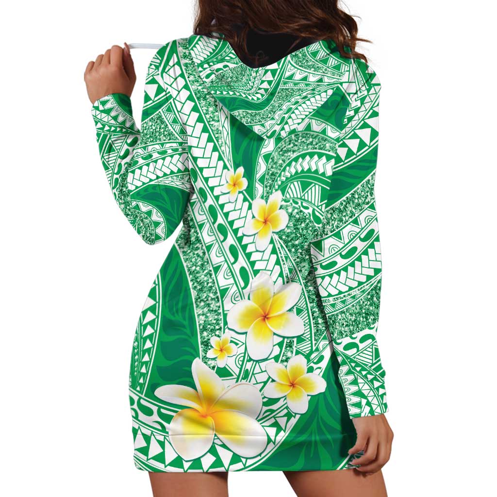 Plumeria Polynesian Green Glitter Pattern Hoodie Dress