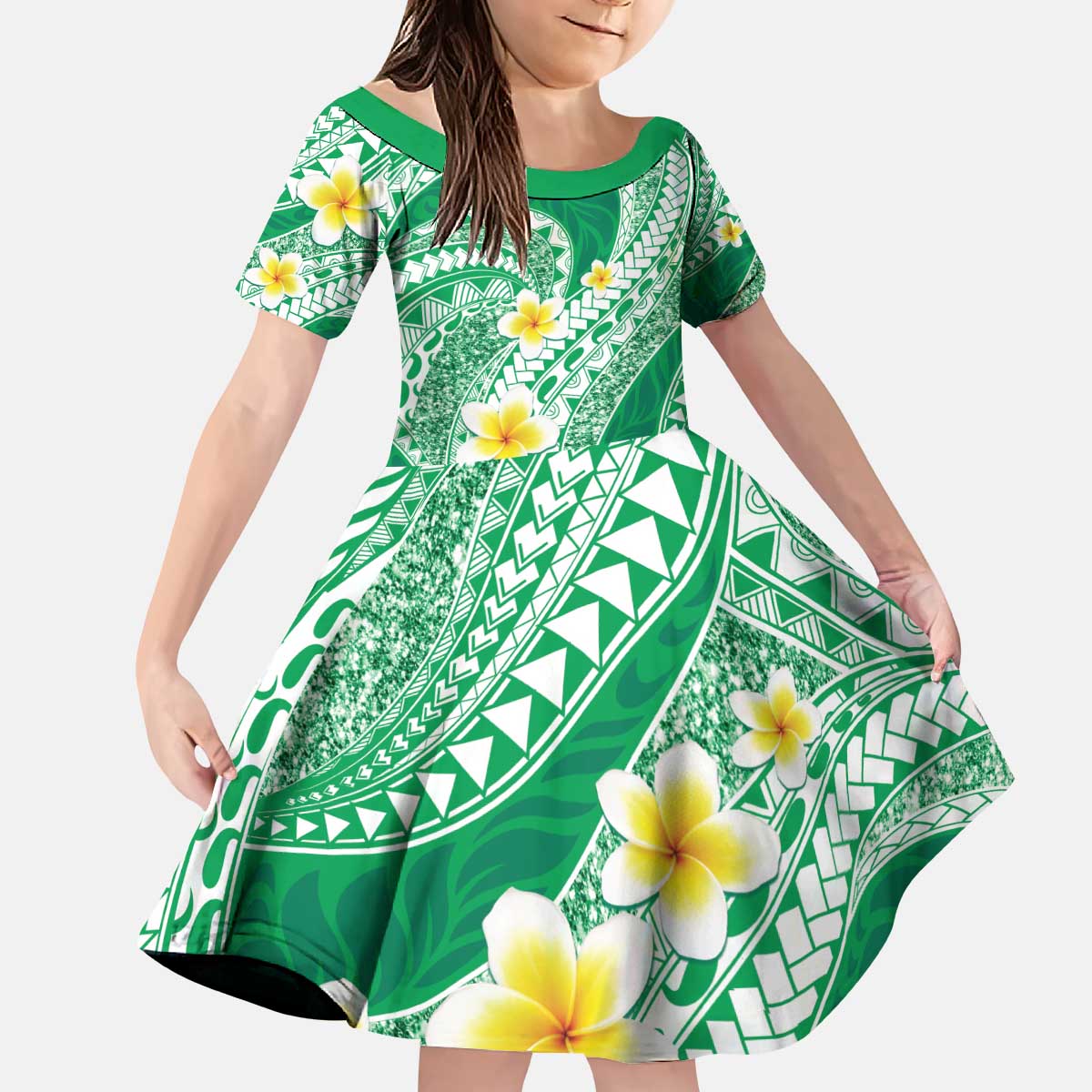 Plumeria Polynesian Green Glitter Pattern Kid Short Sleeve Dress