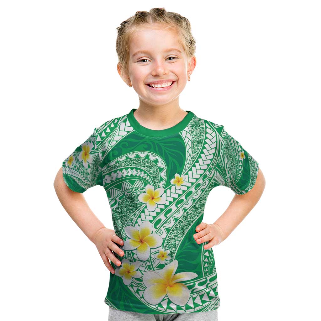 Plumeria Polynesian Green Glitter Pattern Kid T Shirt LT01 Green - Polynesian Pride