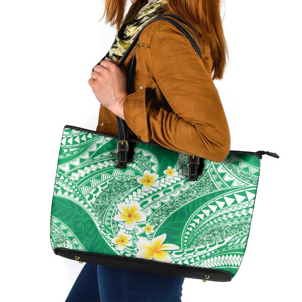 Plumeria Polynesian Green Glitter Pattern Leather Tote Bag