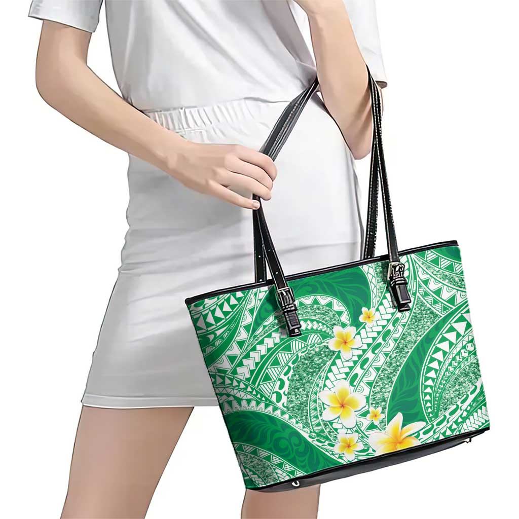Plumeria Polynesian Green Glitter Pattern Leather Tote Bag
