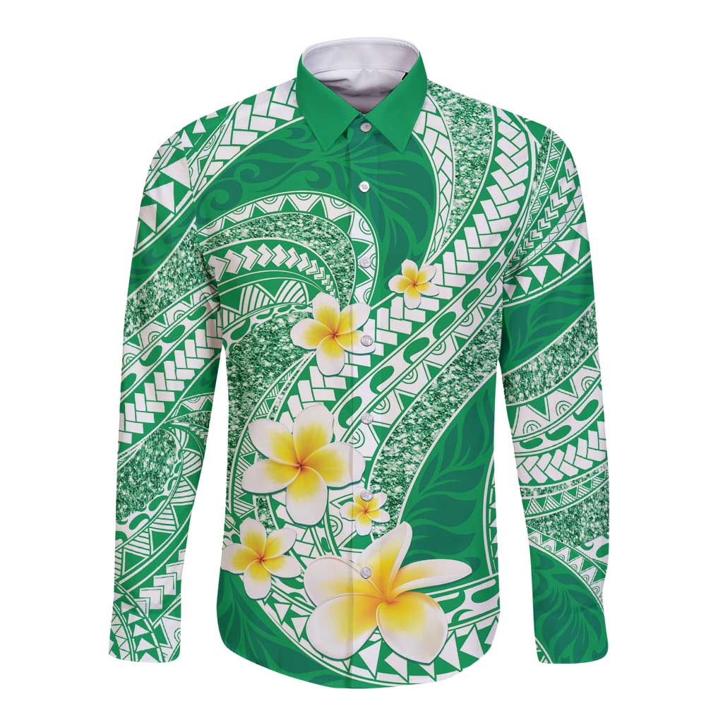 Plumeria Polynesian Green Glitter Pattern Long Sleeve Button Shirt LT01 Unisex Green - Polynesian Pride