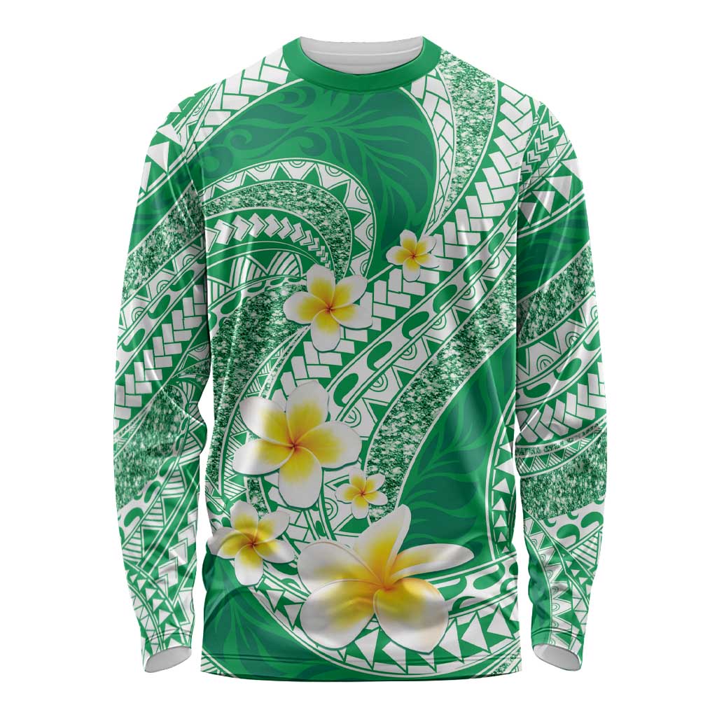Plumeria Polynesian Green Glitter Pattern Long Sleeve Shirt
