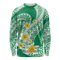Plumeria Polynesian Green Glitter Pattern Long Sleeve Shirt