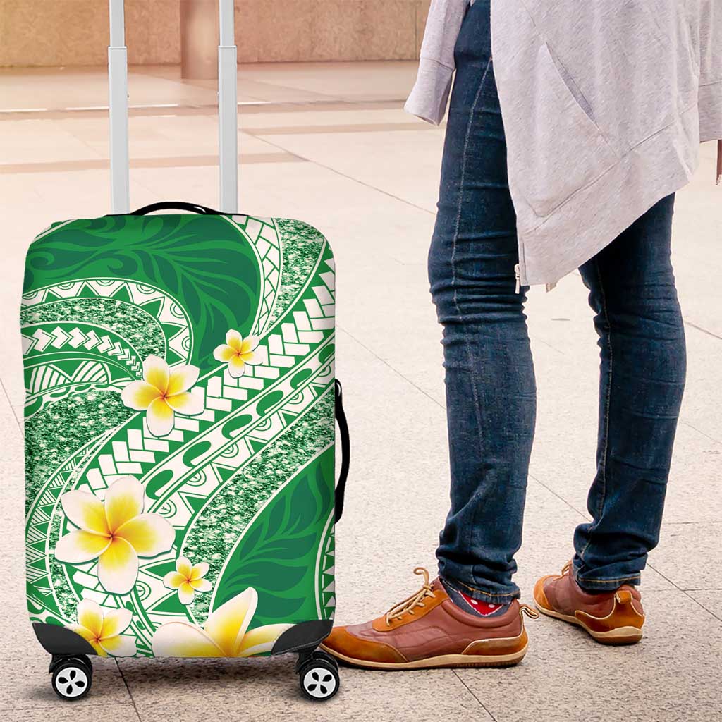 Plumeria Polynesian Green Glitter Pattern Luggage Cover