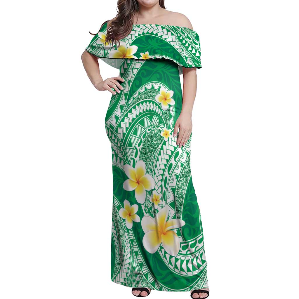Plumeria Polynesian Green Glitter Pattern Off Shoulder Maxi Dress