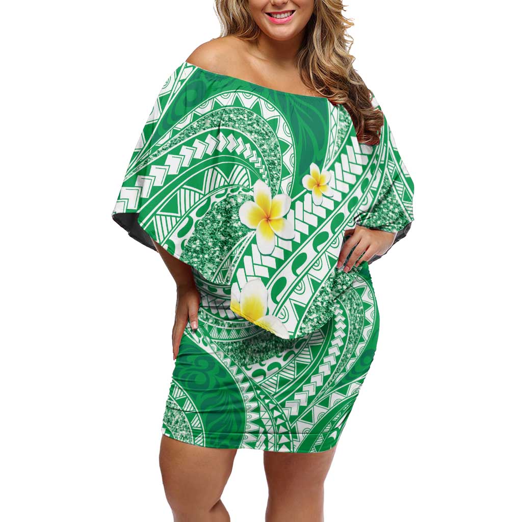 Plumeria Polynesian Green Glitter Pattern Off Shoulder Short Dress