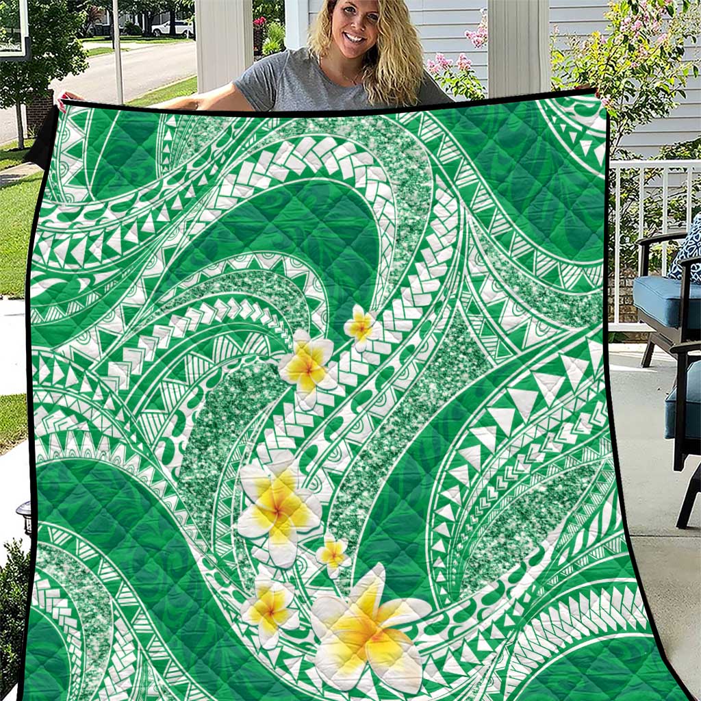 Plumeria Polynesian Green Glitter Pattern Quilt LT01 Green - Polynesian Pride