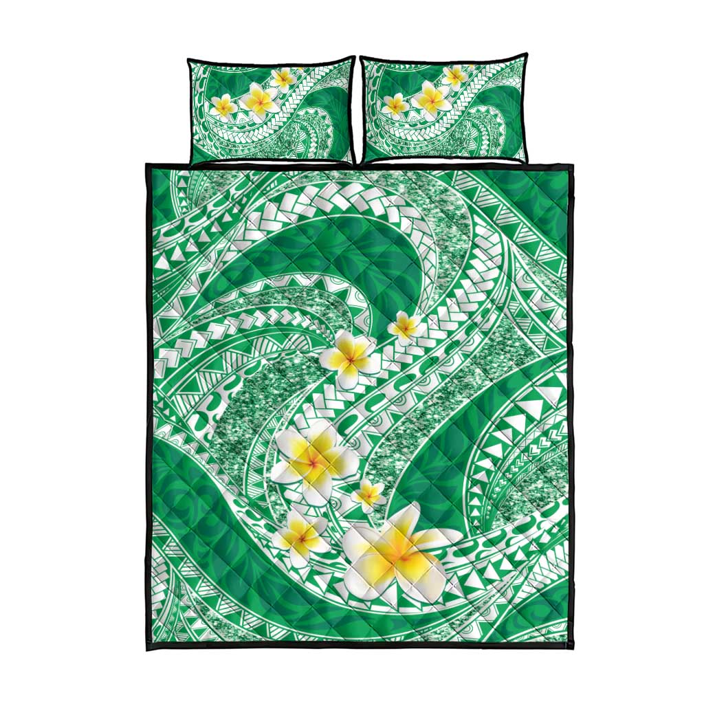Plumeria Polynesian Green Glitter Pattern Quilt Bed Set