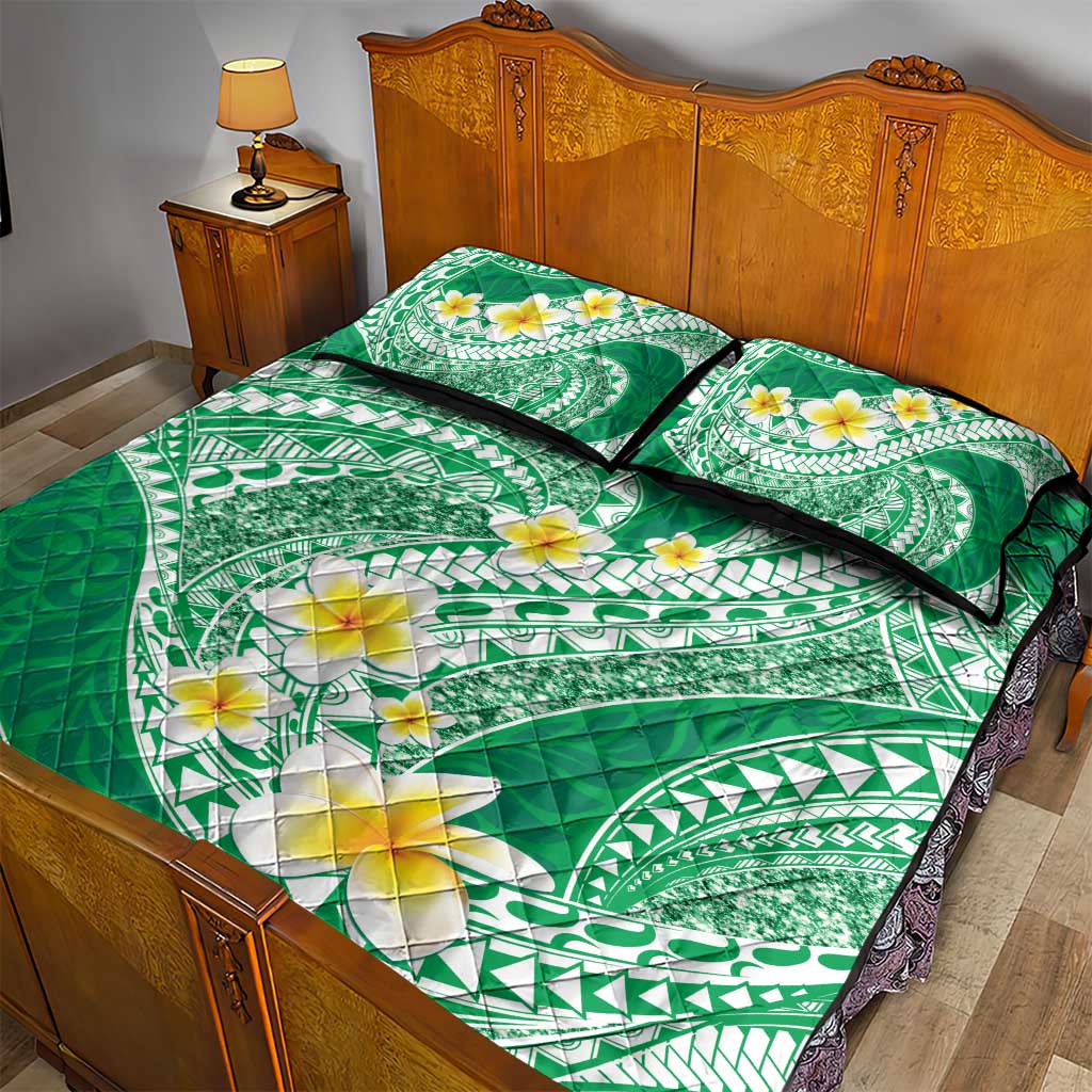 Plumeria Polynesian Green Glitter Pattern Quilt Bed Set