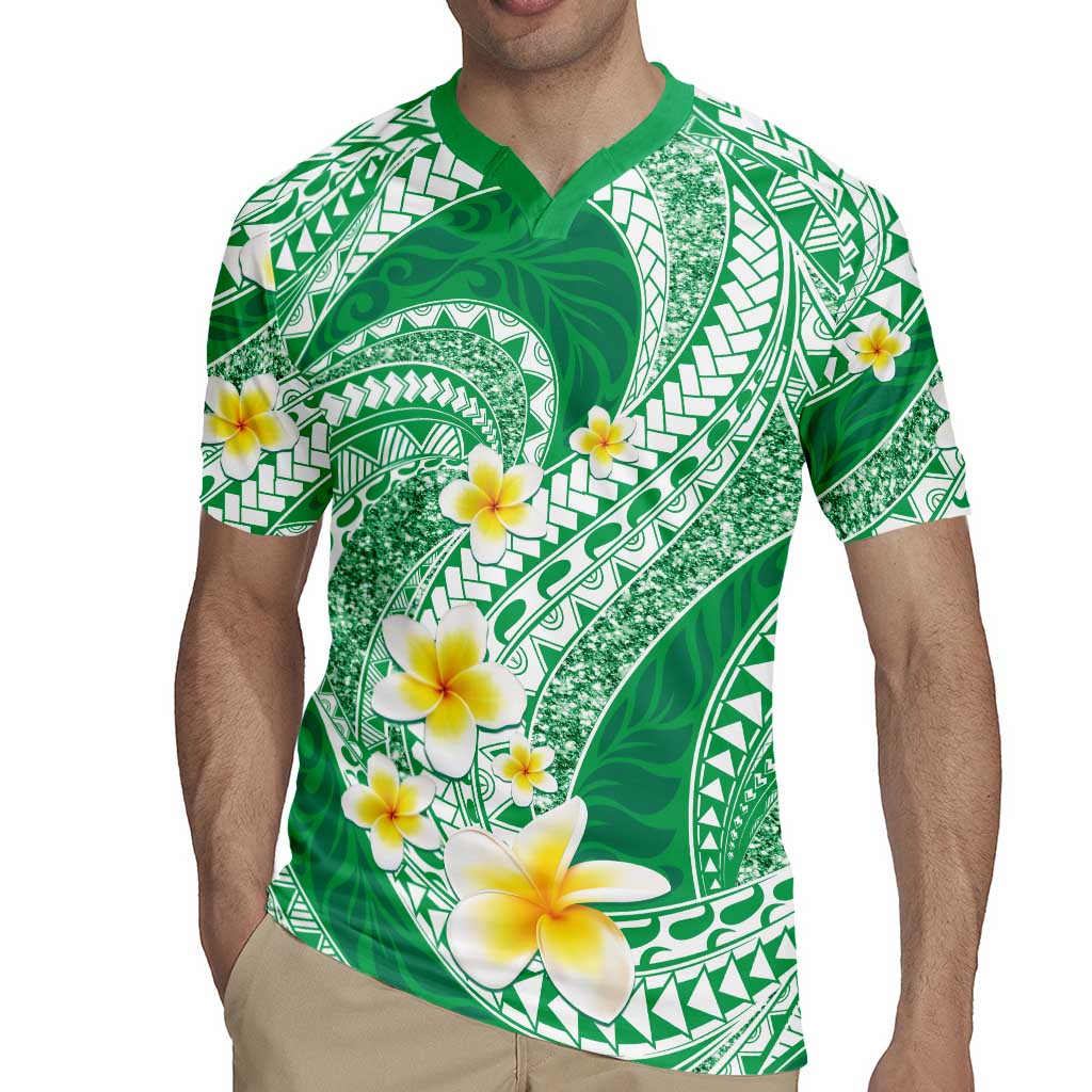 Plumeria Polynesian Green Glitter Pattern Rugby Jersey