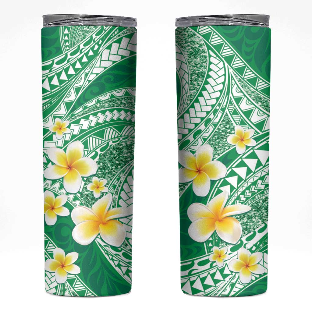 Plumeria Polynesian Green Glitter Pattern Skinny Tumbler