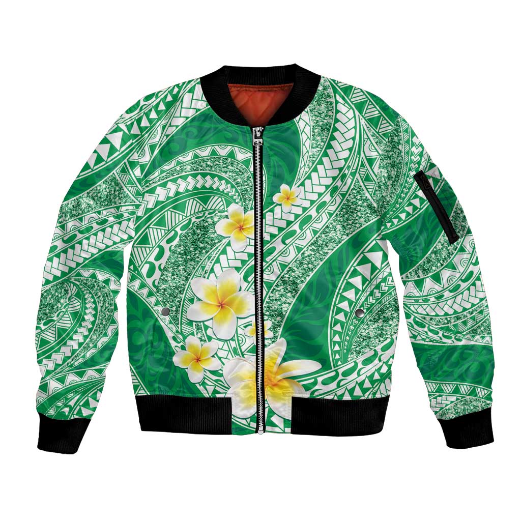 Plumeria Polynesian Green Glitter Pattern Sleeve Zip Bomber Jacket