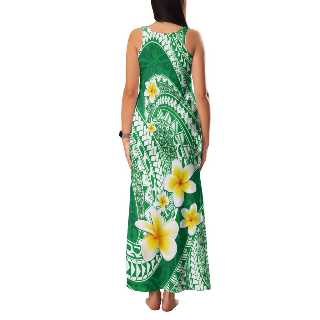 Plumeria Polynesian Green Glitter Pattern Tank Maxi Dress