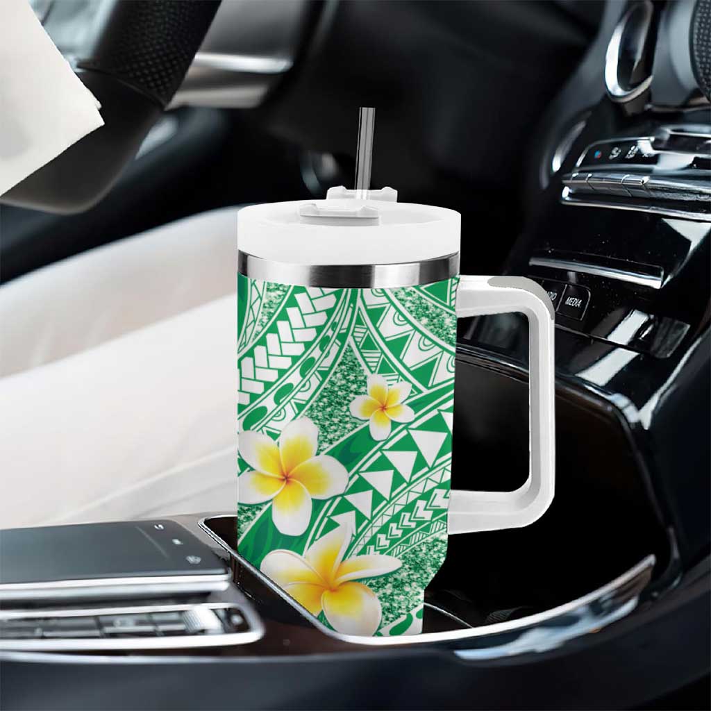Plumeria Polynesian Green Glitter Pattern Tumbler With Handle