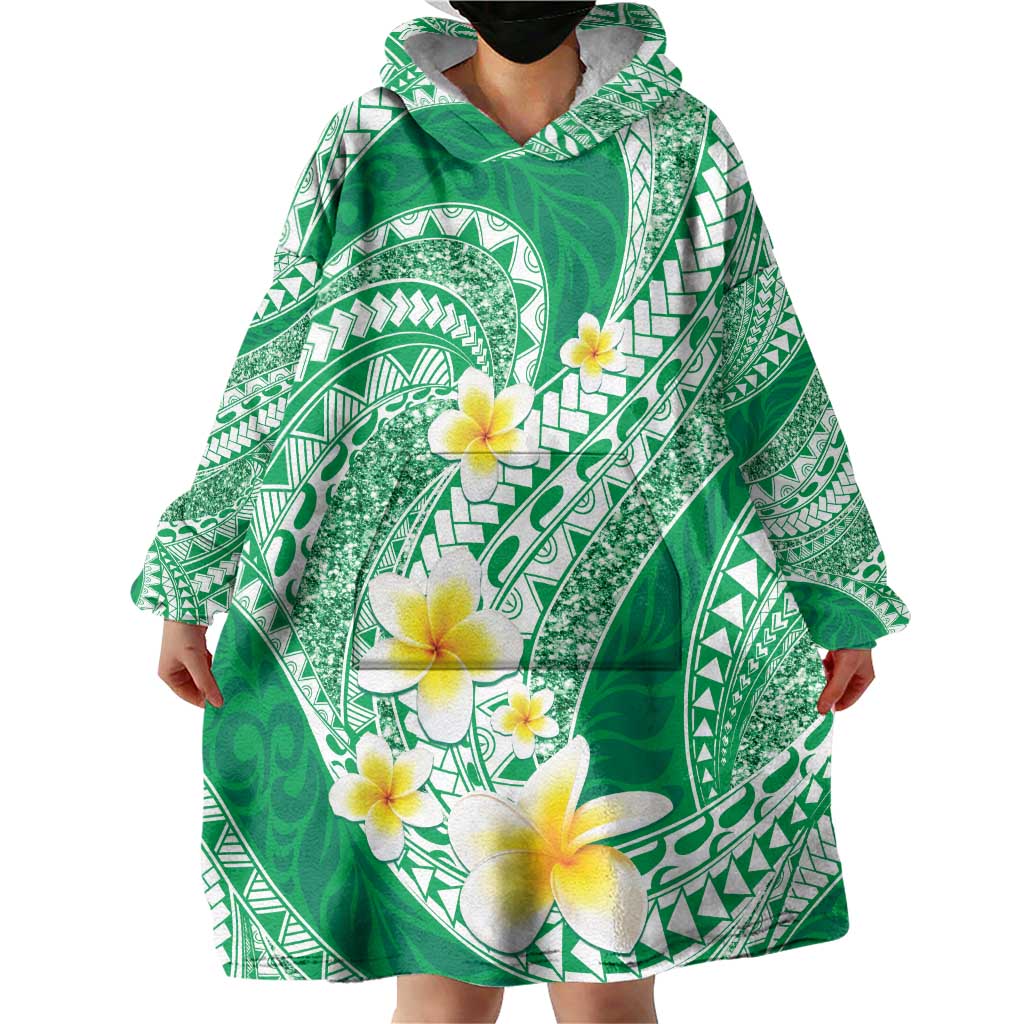 Plumeria Polynesian Green Glitter Pattern Wearable Blanket Hoodie