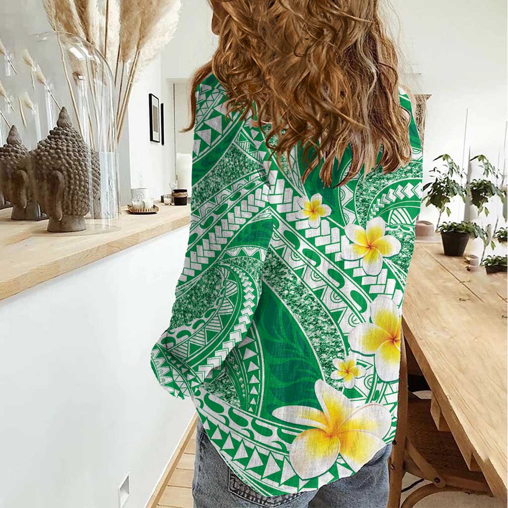 Plumeria Polynesian Green Glitter Pattern Women Casual Shirt