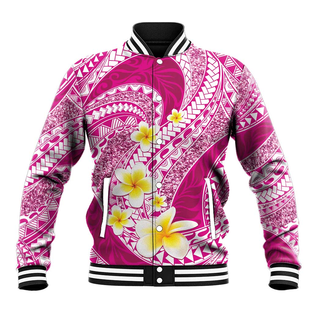 Plumeria Polynesian Pink Glitter Pattern Baseball Jacket LT01 Unisex Pink - Polynesian Pride