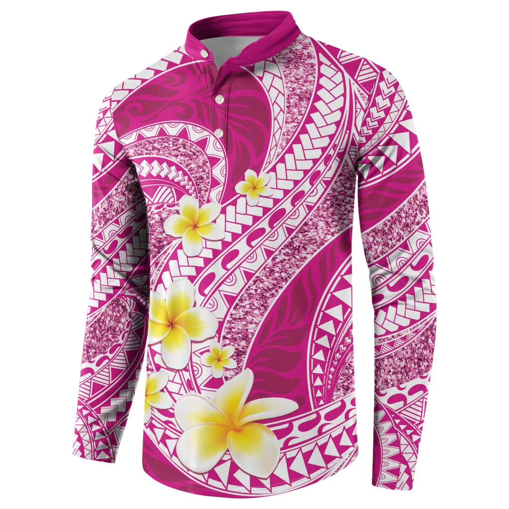 Plumeria Polynesian Pink Glitter Pattern Button Sweatshirt