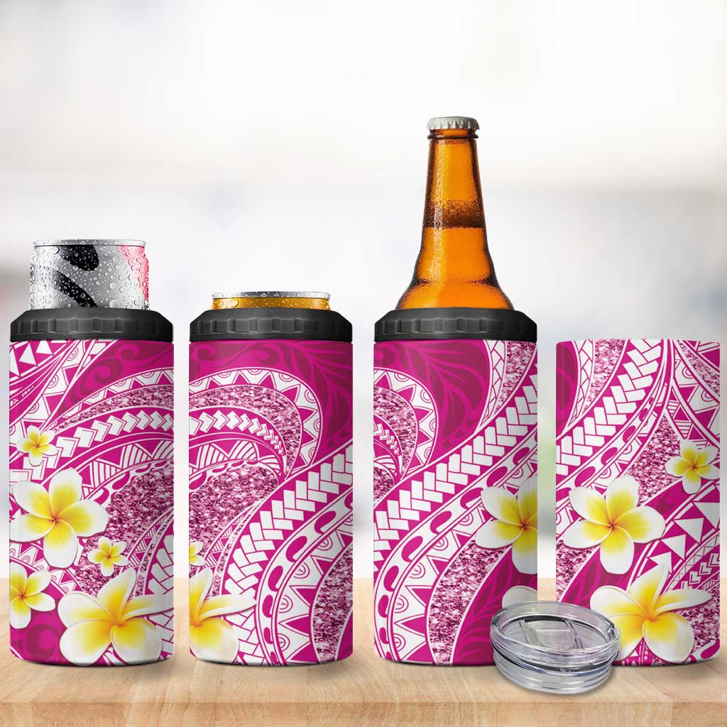 Plumeria Polynesian Pink Glitter Pattern 4 in 1 Can Cooler Tumbler