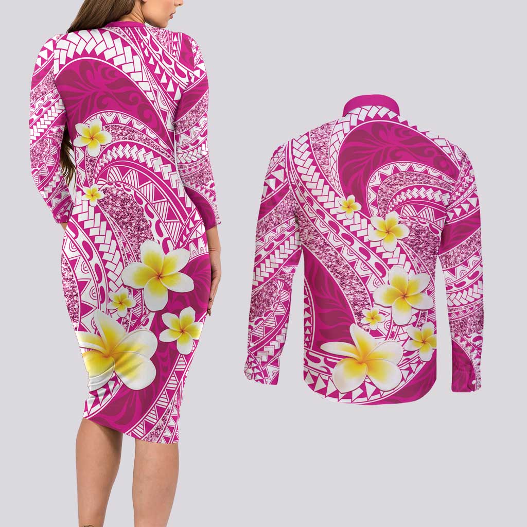Plumeria Polynesian Pink Glitter Pattern Couples Matching Long Sleeve Bodycon Dress and Long Sleeve Button Shirt