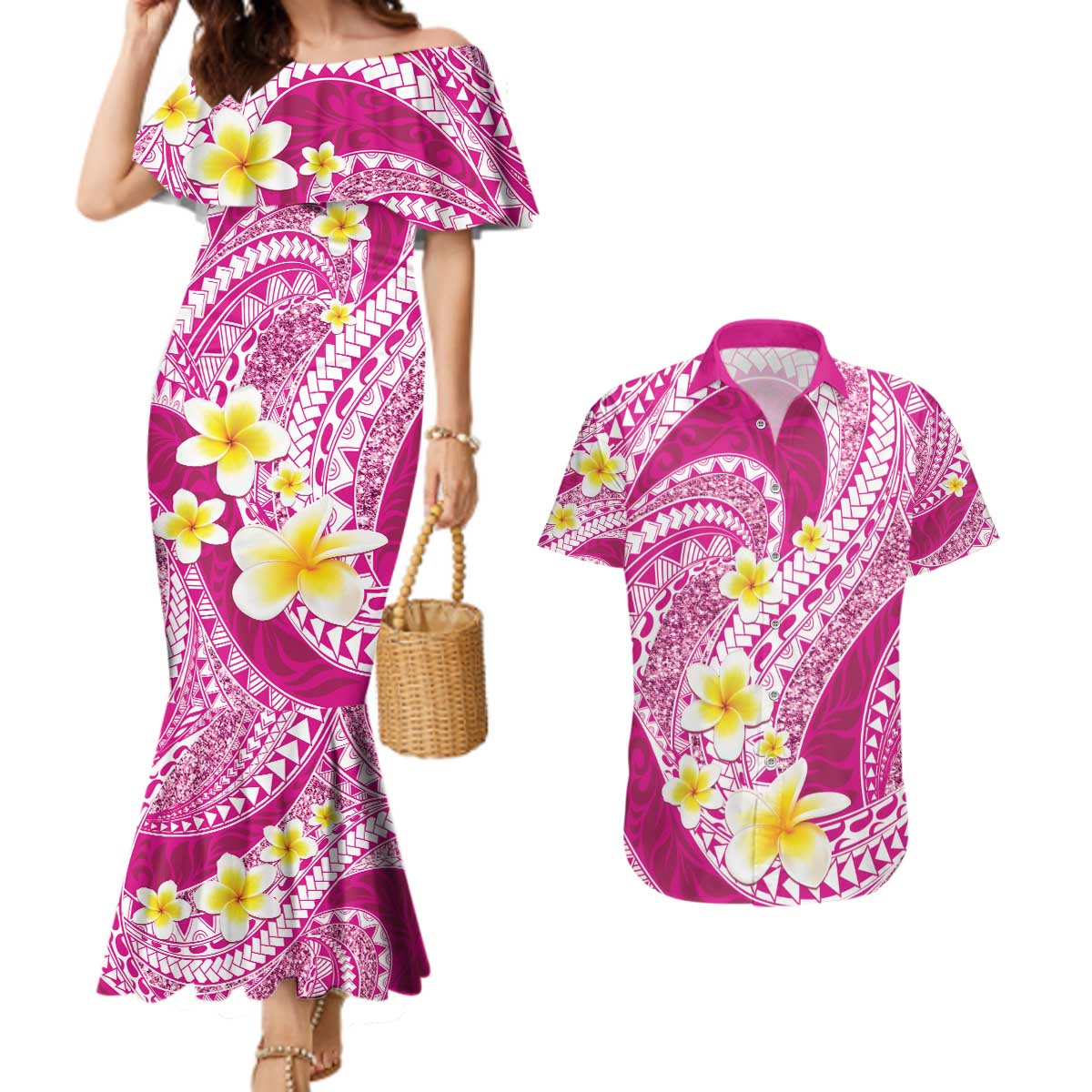 Plumeria Polynesian Pink Glitter Pattern Couples Matching Mermaid Dress and Hawaiian Shirt