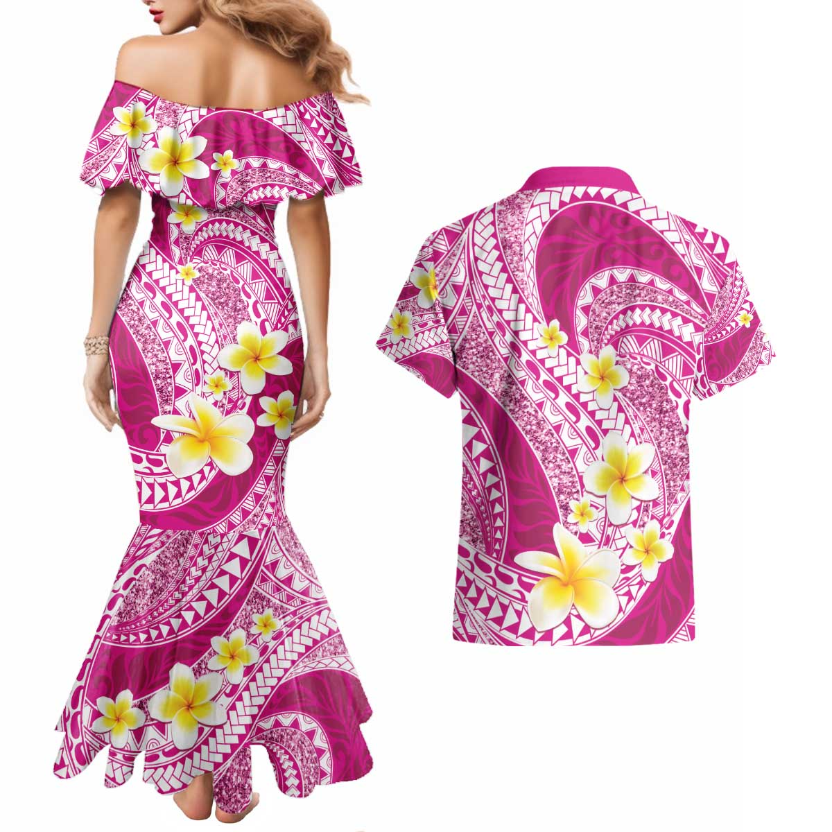 Plumeria Polynesian Pink Glitter Pattern Couples Matching Mermaid Dress and Hawaiian Shirt