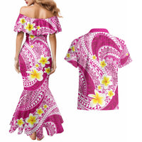 Plumeria Polynesian Pink Glitter Pattern Couples Matching Mermaid Dress and Hawaiian Shirt
