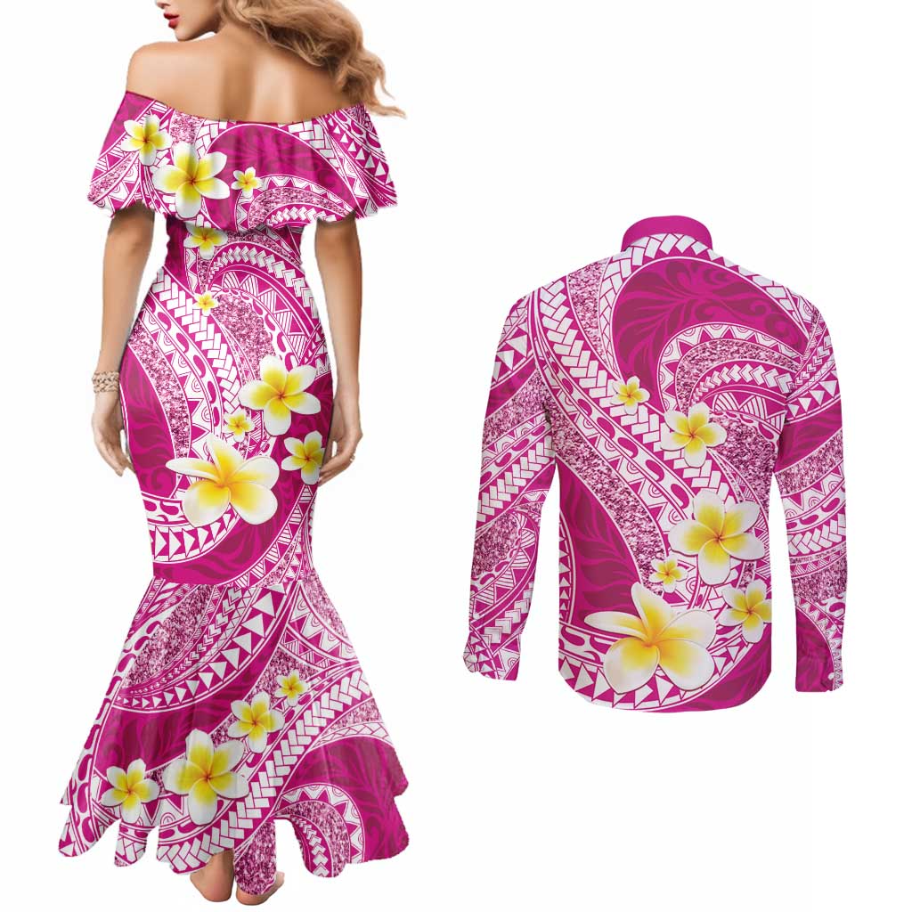 Plumeria Polynesian Pink Glitter Pattern Couples Matching Mermaid Dress and Long Sleeve Button Shirt