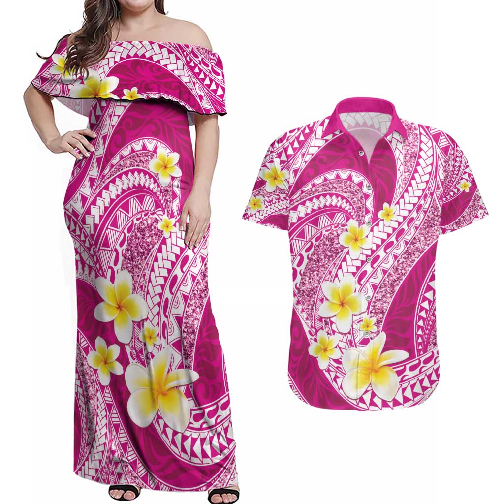 Plumeria Polynesian Pink Glitter Pattern Couples Matching Off Shoulder Maxi Dress and Hawaiian Shirt