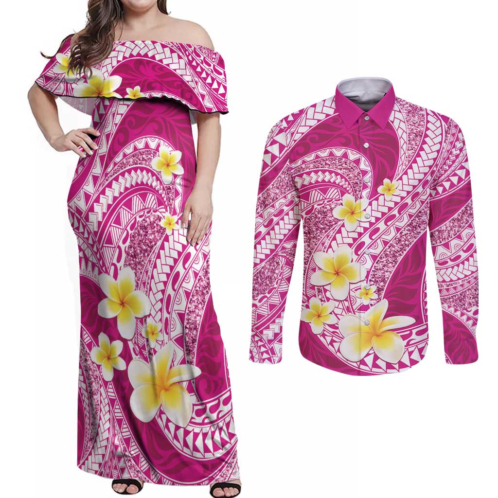 Plumeria Polynesian Pink Glitter Pattern Couples Matching Off Shoulder Maxi Dress and Long Sleeve Button Shirt
