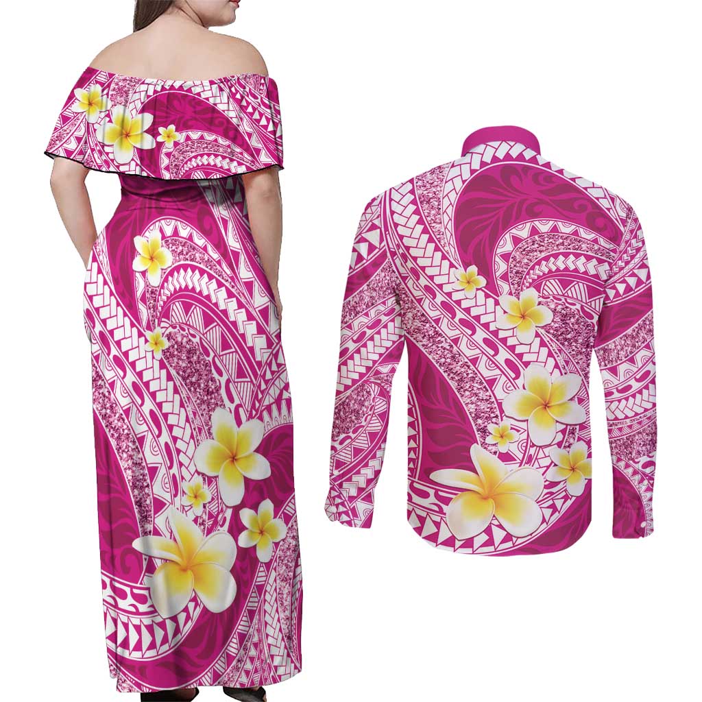 Plumeria Polynesian Pink Glitter Pattern Couples Matching Off Shoulder Maxi Dress and Long Sleeve Button Shirt